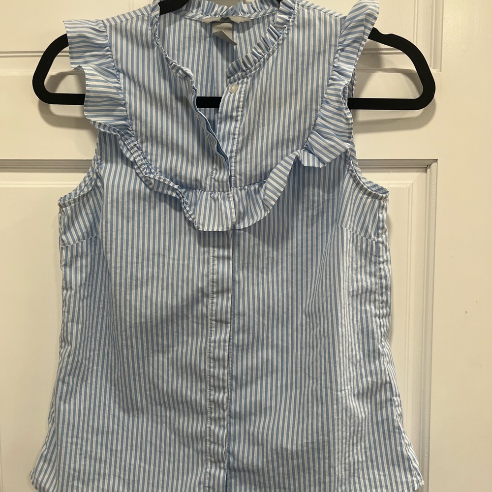 H&M Blue and White Ruffled Bib Collar Blouse